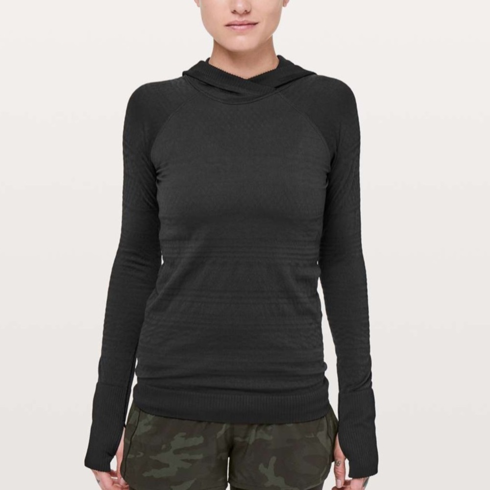Lululemon Black Ribbed Striped Funnel Neck Rest Less Hooded Sweatshirt Top